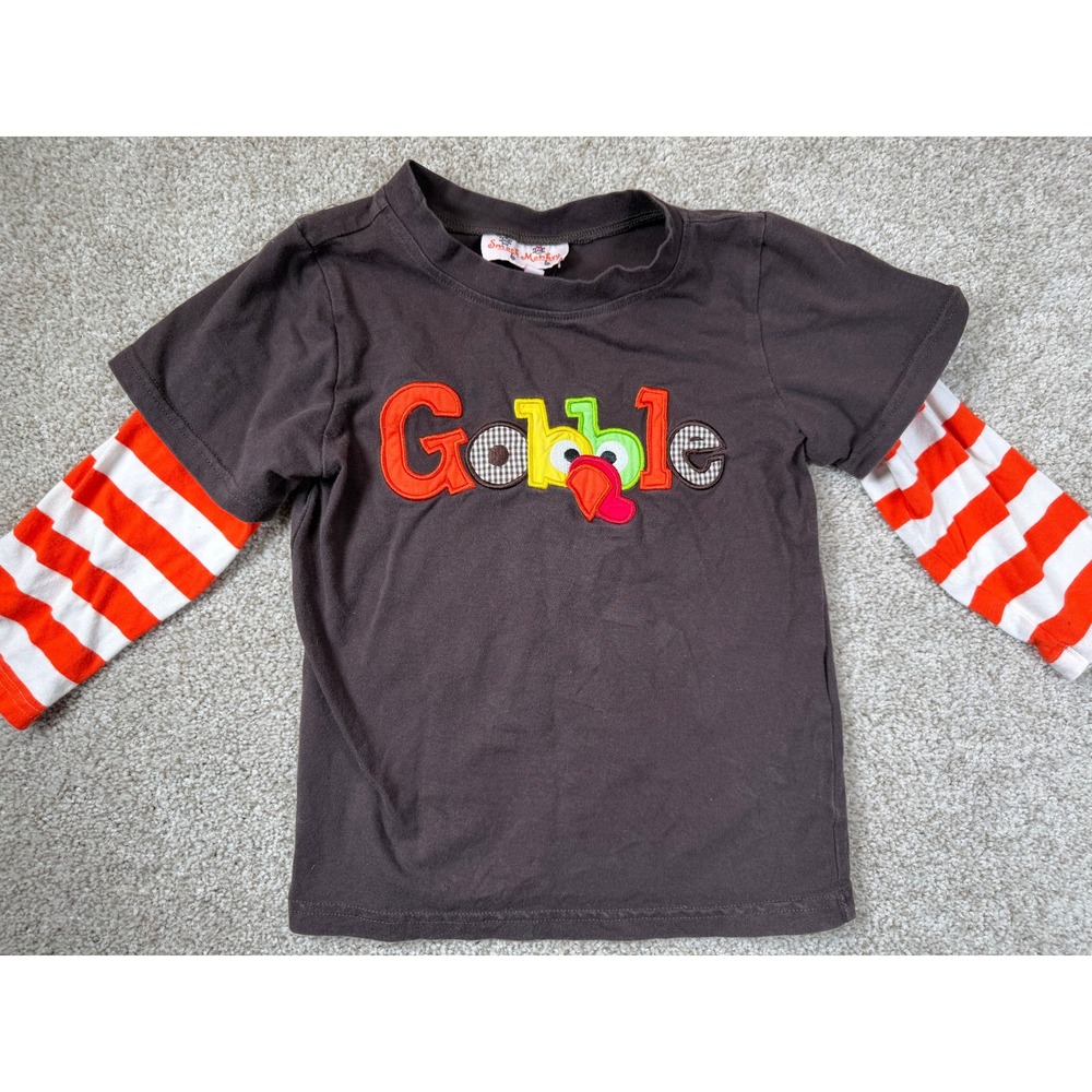 Smock Monkey Embroidered Thanksgiving Gobble Turkey‎ Brown Striped Layered Shirt